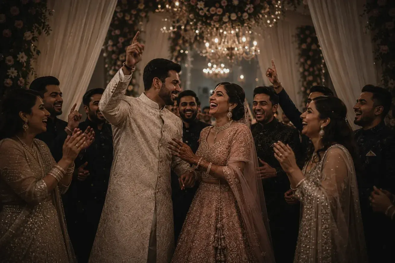 Bride and groom dancing with wedding guests during the celebration