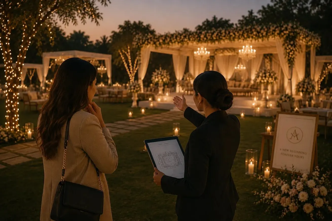 Insight Eventz planner walking a client through the event layout at a candlelit garden venue