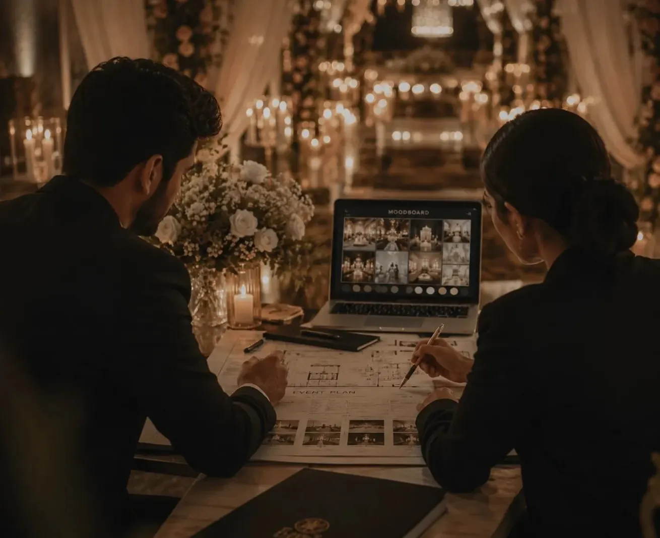 Wedding planner reviewing venue layout and event planning details with a client