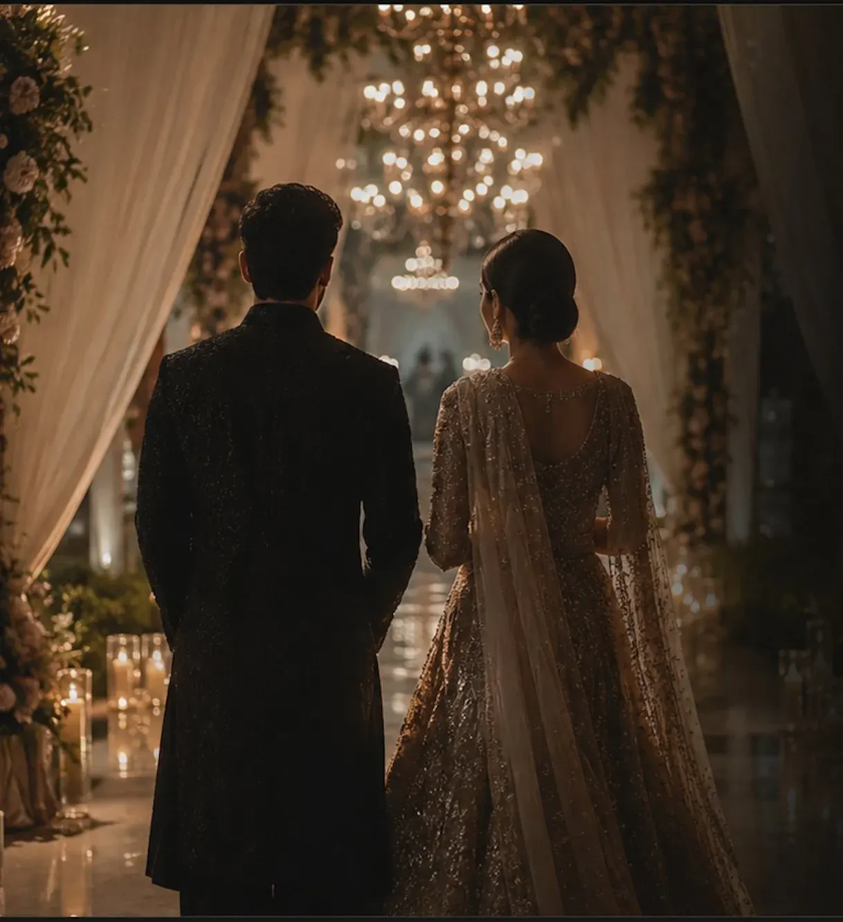Bride and groom walking through a candlelit wedding venue